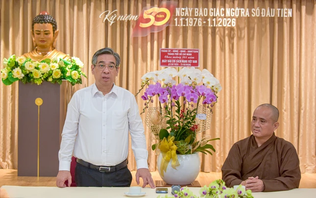Ông Nguyễn Phước Lộc phát biểu tại buổi thăm, chúc mừng Báo Giác Ngộ nhân Kỷ niệm 101 năm Ngày Báo chí Cách mạng Việt Nam (21-6-1925 - 21-6-2026)