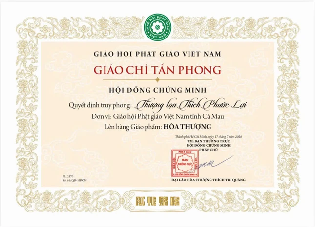 Giáo chỉ truy phong Thượng tọa Thích Phước Lợi lên hàng giáo phẩm Hòa thượng do Đức Pháp chủ ấn ký ngày 17-7-2026