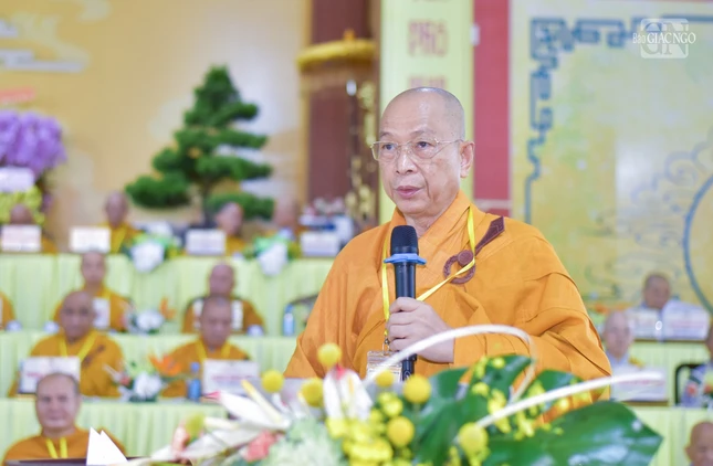 Thượng tọa Thích Huệ Khai, Ủy viên Thường trực Hội đồng Trị sự, Trưởng ban Trị sự GHPGVN tỉnh Đồng Nai, Chánh Chủ đàn Đại giới đàn Đạt Thanh Phật lịch 2567 phát biểu khai mạc