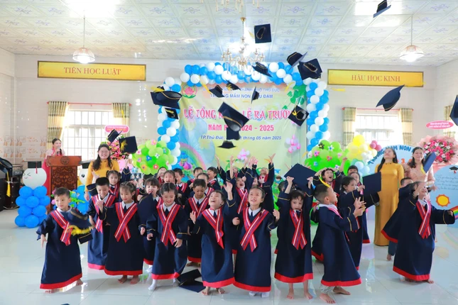 Các em lớp Lá hân hoan tung mũ tốt nghiệp trong Lễ tổng kết và ra trường năm học 2024–2025 tại Trường Mầm non Kiều Đàm - TP. Thủ Đức