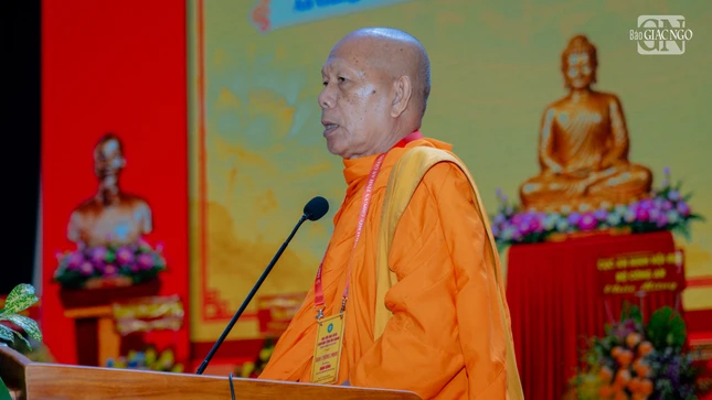 Hòa thượng Danh Đổng, Ủy viên Thường trực Hội đồng Trị sự, Chủ tịch Hội Đoàn kết sư sãi yêu nước tỉnh chia sẻ quá trình gắn bó với công tác Phật sự tại tỉnh Kiên Giang cũ