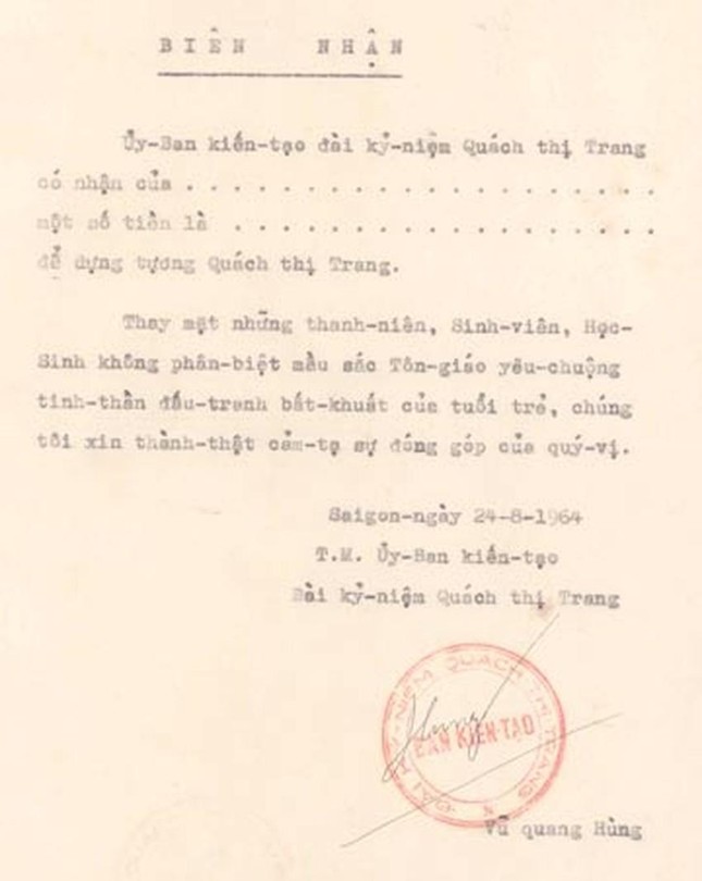 Mẫu biên nhận đóng góp xây dựng của Ban kiến tạo đài kỷ niệm Quách Thị Trang