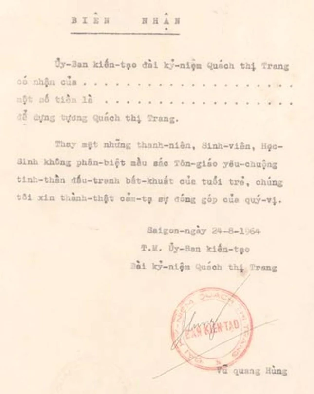 Mẫu biên nhận đóng góp xây dựng của Ban kiến tạo đài kỷ niệm Quách Thị Trang