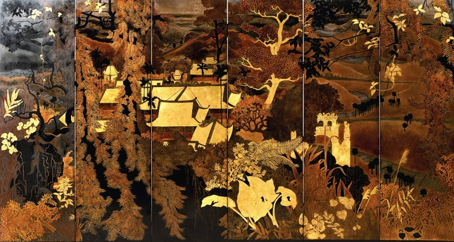 "Cảnh ngôi chùa cổ ở miền Bắc Việt Nam", sơn mài, Phạm Hậu (1903 - 1995) "Cảnh ngôi chùa cổ ở miền Bắc Việt Nam", sơn mài, Phạm Hậu (1903 - 1995)