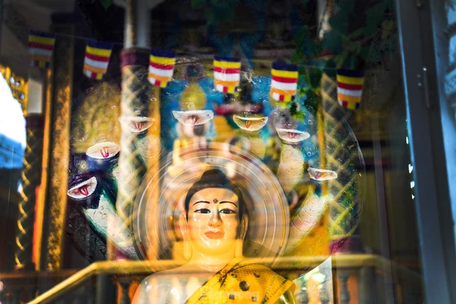 Tượng Phật được bảo vệ trong lồng kính ngồi dưới tượng rắn Naga. Trong các kiến trúc cổ Khmer luôn có hình tượng cầu vồng hình rắn Naga, tượng trưng cho sự nối liền giữa cõi trần gian và Niết-bàn