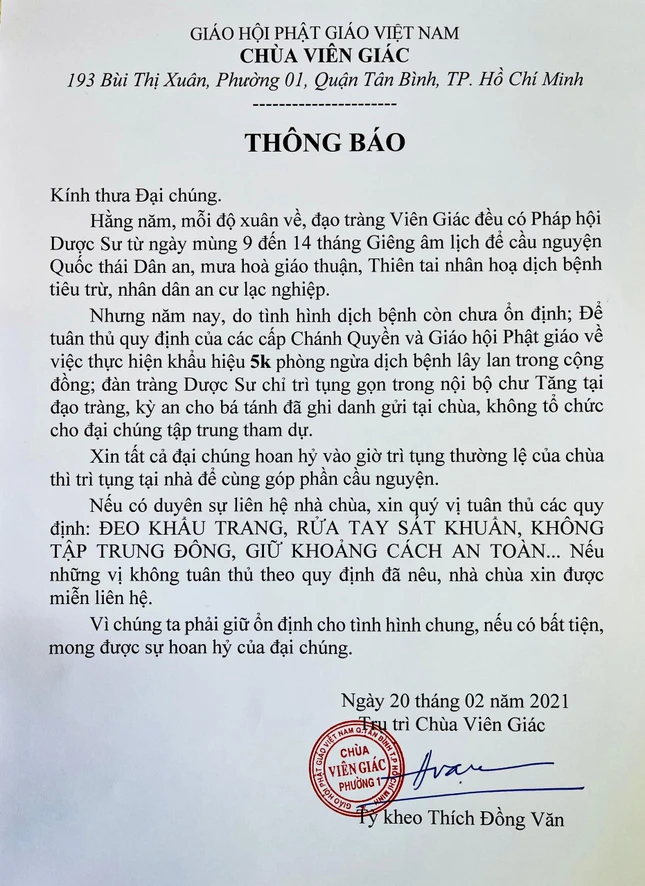 Thượng tọa Thích Đồng Văn thông báo pháp hội Dược Sư chỉ dành cho chư Tăng nội tự