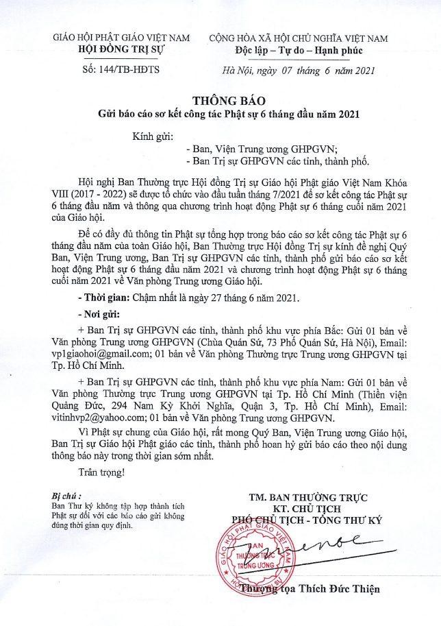 Thông báo nộp báo cáo sơ kết 6 tháng đầu năm 2021 của Trung ương GHPGVN, ngày 7-6-2021