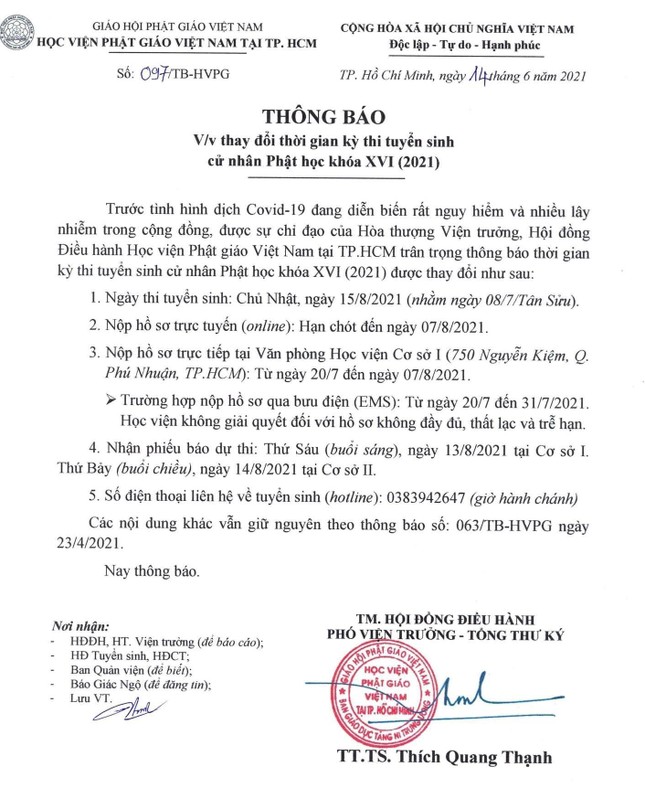 Thông báo của Học viên về thay đổi thời gian tuyển sinh cử nhân Phật học, ngày 14-6-2021