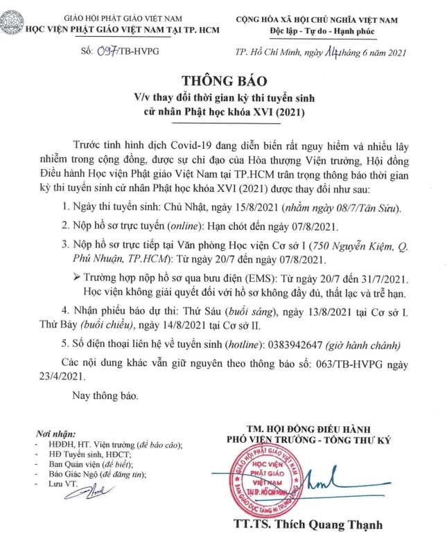 Thông báo của Học viên về thay đổi thời gian tuyển sinh cử nhân Phật học, ngày 14-6-2021