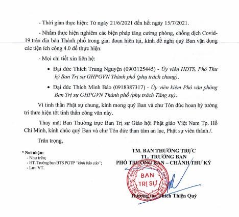 Công văn của Ban Thường trực Ban Trị sự GHPGVN TP.HCM ngày 19-6-2021