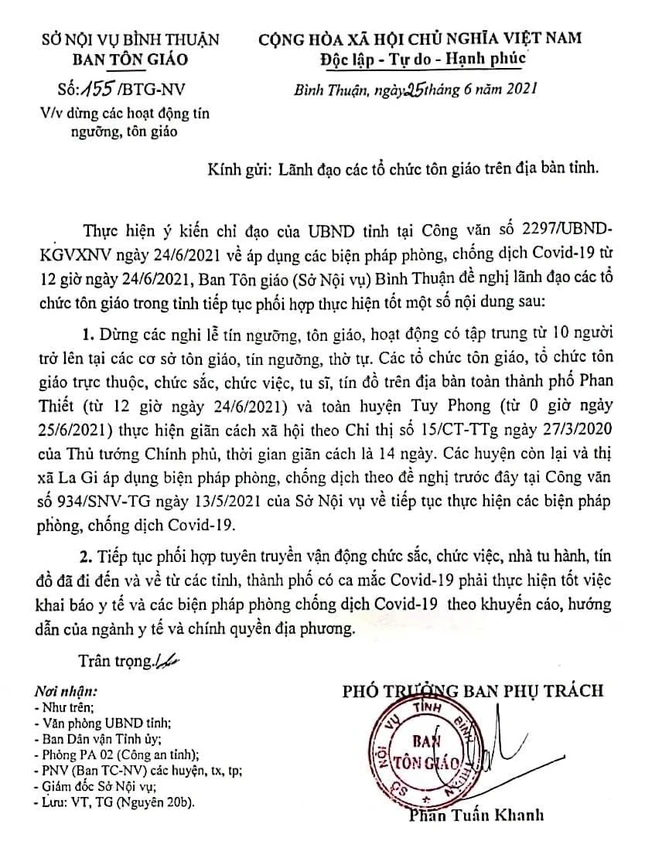 Công văn của Ban Tôn giáo tỉnh Bình Thuận ngày 25-6-2021