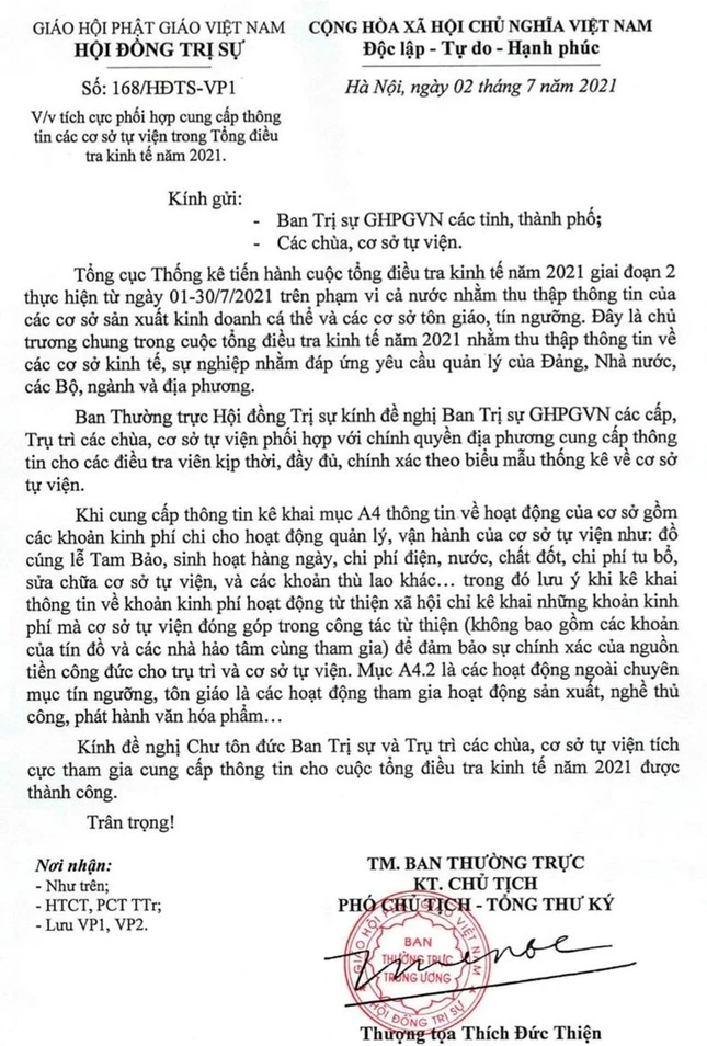 Công văn của Ban Thường trực Hội đồng Trị sự GHPGVN ngày 2-7-2021