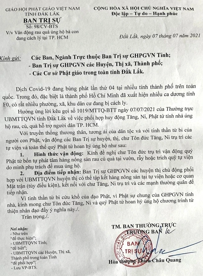 Công văn của Ban Trị sự GHPGVN tỉnh Đắk Lắk