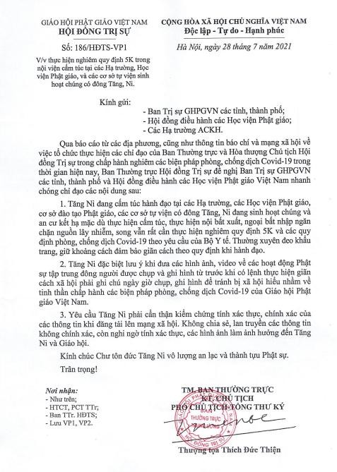 Công văn của Trung ương GHPGVN ngày 28-7-2021