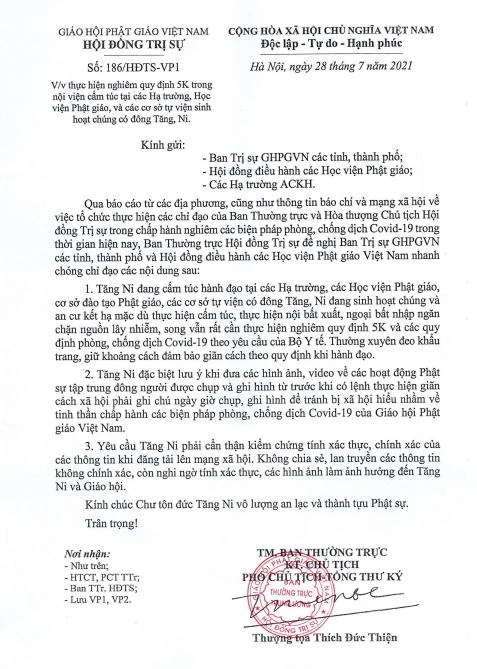 Công văn của Trung ương GHPGVN ngày 28-7-2021