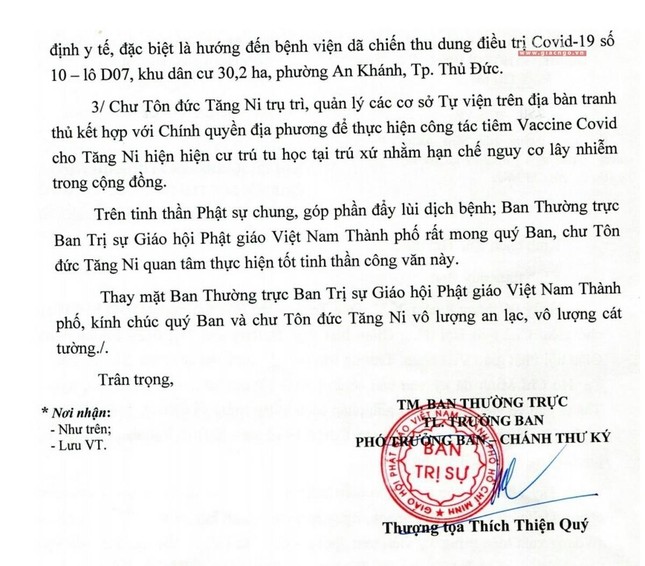 Công văn của Ban Thường trực Ban Trị sự GHPGVN TP.HCM ngày 8-8-2021