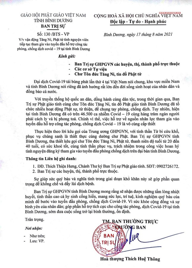 Công văn của Ban Thường trực Ban Trị sự Phật giáo tỉnh Bình Dương ngày 17-8-2021