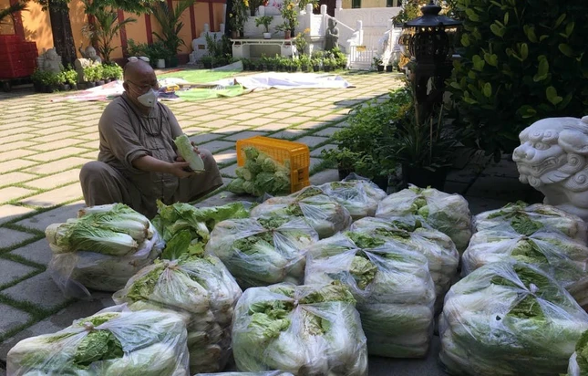 Thượng tọa Thích Đồng Văn chuẩn bị rau củ gởi đến bà con