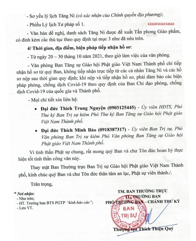 Văn bản của Ban Thường trực Ban Trị sự GHPGVN TP.HCM ngày 22-9-2021