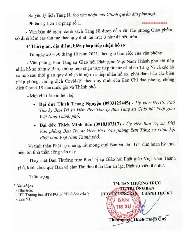 Văn bản của Ban Thường trực Ban Trị sự GHPGVN TP.HCM ngày 22-9-2021