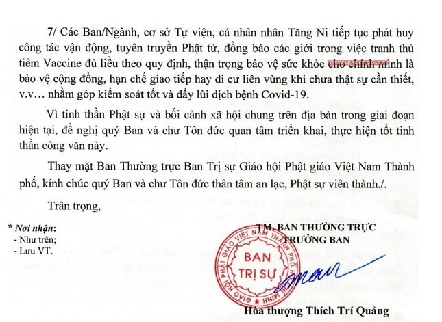 Văn bản do Trưởng lão Hòa thượng Thích Trí Quảng ấn ký sáng nay 2-10-2021