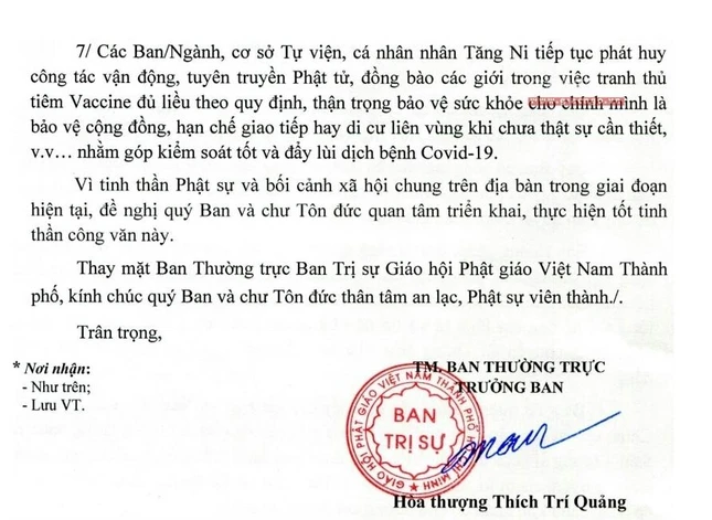 Văn bản do Trưởng lão Hòa thượng Thích Trí Quảng ấn ký sáng nay 2-10-2021