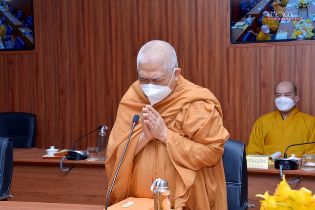 Hòa thượng Thích Giác Toàn, Phó Chủ tịch Hội đồng Trị sự, Viện trưởng Viện Nghiên cứu Phật học VN phát biểu tại hội nghị đầu cầu TP.HCM