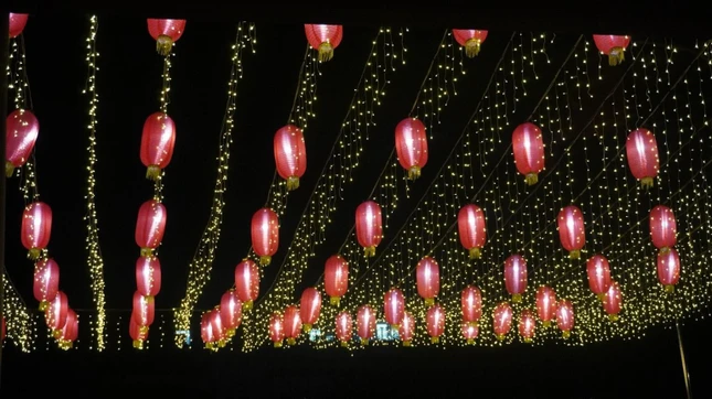 Không gian chùa Huệ Chiếu được trang trí đèn hoa Không gian chùa Huệ Chiếu được trang trí đèn hoa