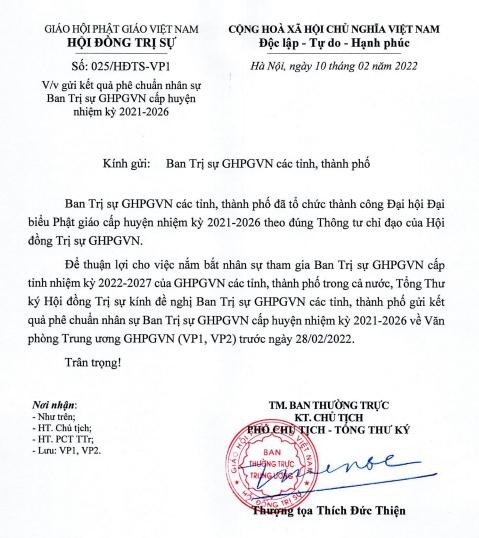 Công văn của Ban Thường trực Hội đồng Trị sự GHPGVN, ngày 10-2-2022 Công văn của Ban Thường trực Hội đồng Trị sự GHPGVN, ngày 10-2-2022