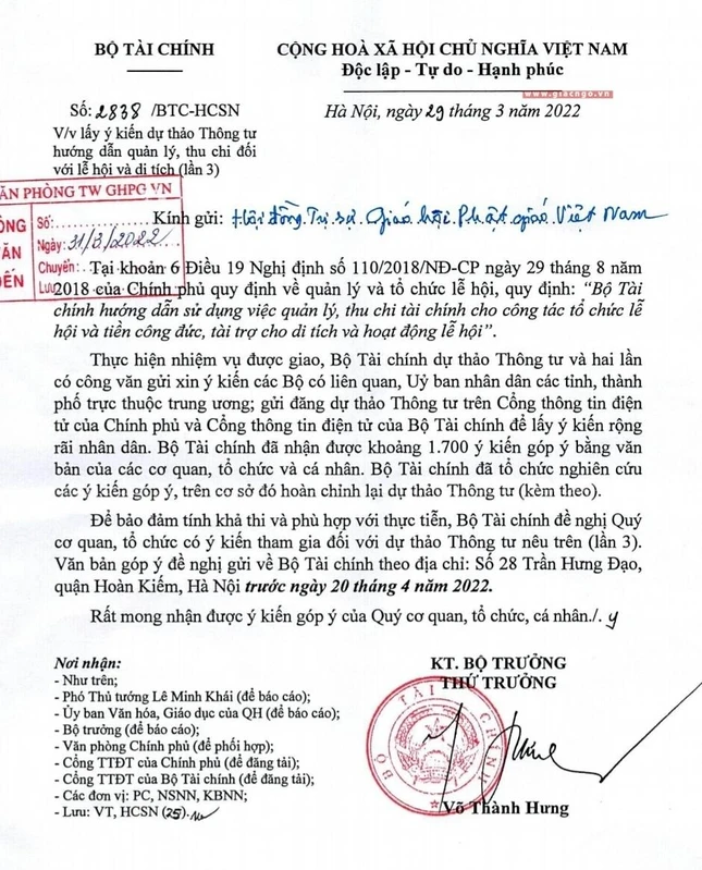 Công văn của Thứ trưởng Bộ Tài chánh Võ Thành Hưng gởi Hội đồng Trị sự
