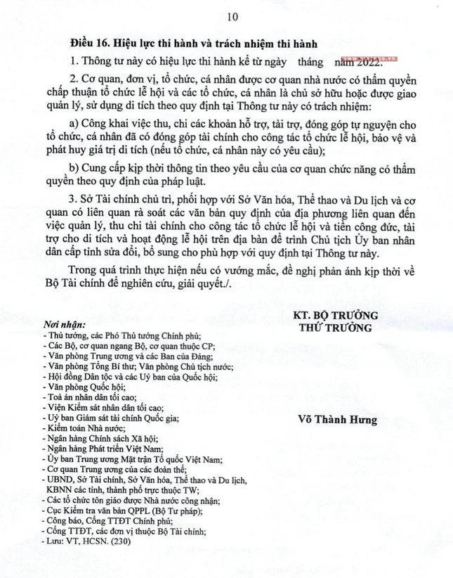 Dự thảo thông tư hướng dẫn quản lý thu chi đối với lễ hội và di tích của Bộ Tài chính