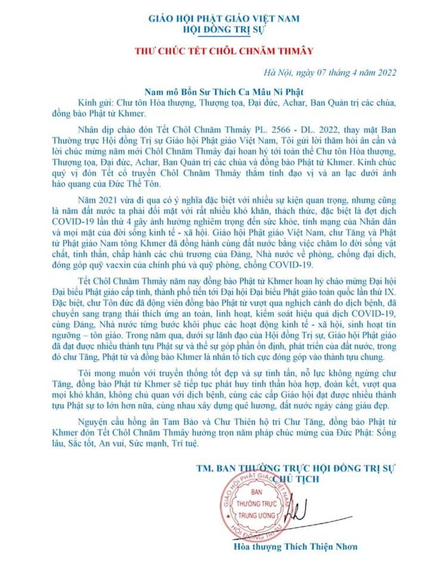 Thư chúc Tết Chôl Chnăm Thmây của Hòa thượng Thích Thiện Nhơn