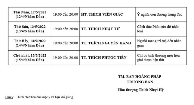 Lịch thuyết giảng của Ban Hoằng pháp GHPGVN TP.CHM trong Tuần Phật đản