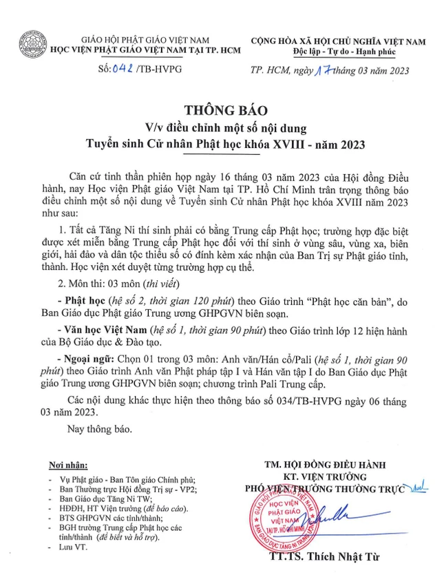 Thông báo điều chỉnh của Hội đồng Điều hành Học viện Phật giáo VN tại TP.HCM