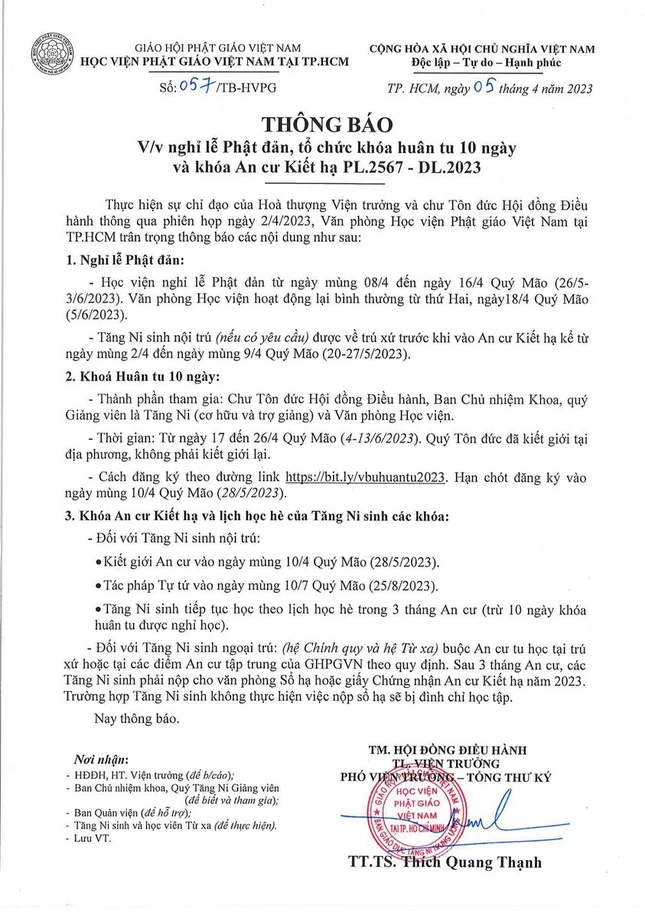 Thông báo của Học viện Phật giáo VN tại TP.HCM