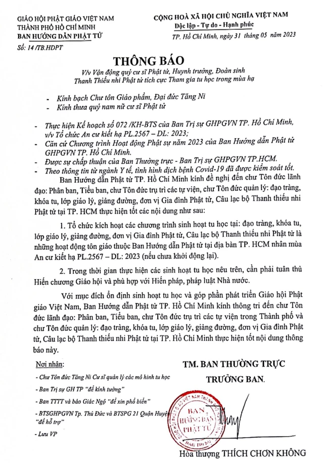 Thông báo của Ban Hướng dẫn Phật tử GHPGVN TP.HCM, ngày 31-5-2023