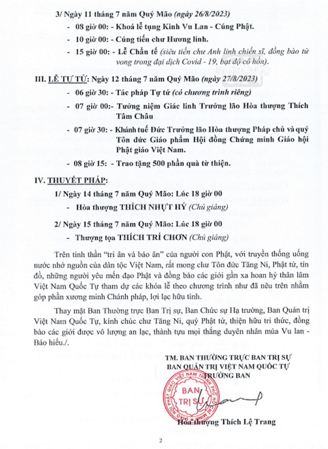 Chương trình chi tiết do Ban Trị sự GHPGVN TP.HCM phổ biến