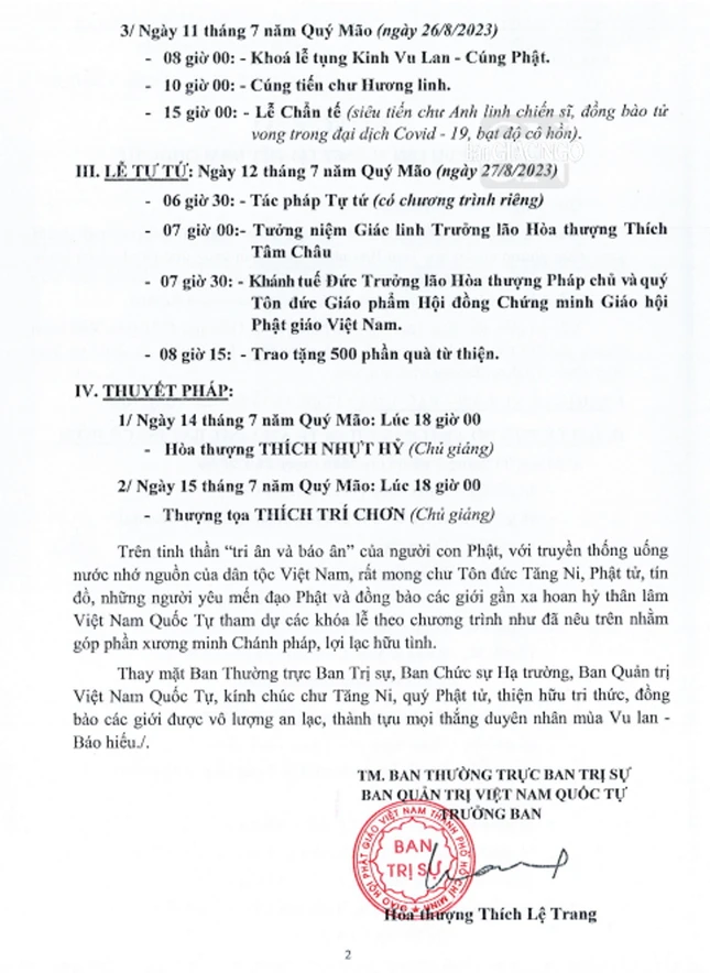 Chương trình chi tiết do Ban Trị sự GHPGVN TP.HCM phổ biến