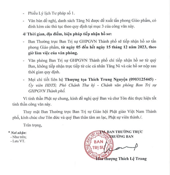 Thông báo về việc tấn phong giáo phẩm của Ban Thường trực Ban Trị sự GHPGVN TP.HCM