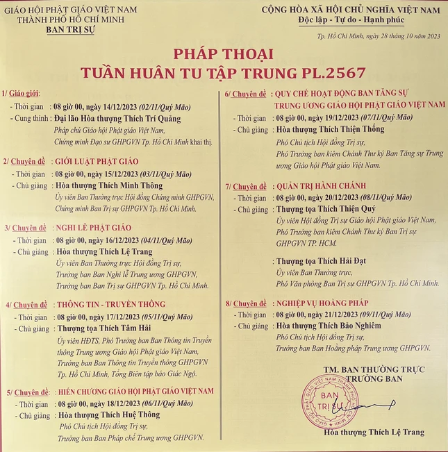 Các chuyên đề trong mỗi buổi sáng của khóa huân tu tại Việt Nam Quốc Tự