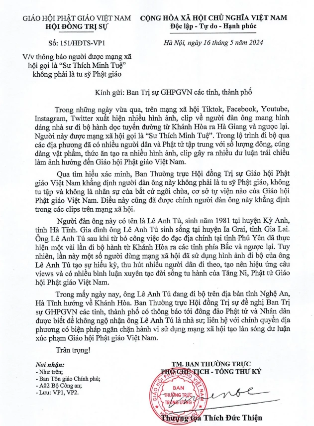 Công văn do Thượng tọa Thích Đức Thiện ký, ngày 16-5-2024