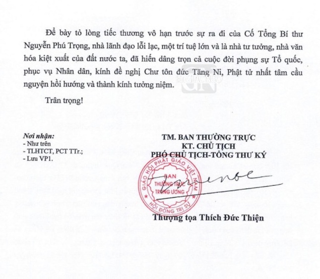 Công văn của Ban Thường trực Hội đồng Trị sự GHPGVN, ngày 23-7-2024