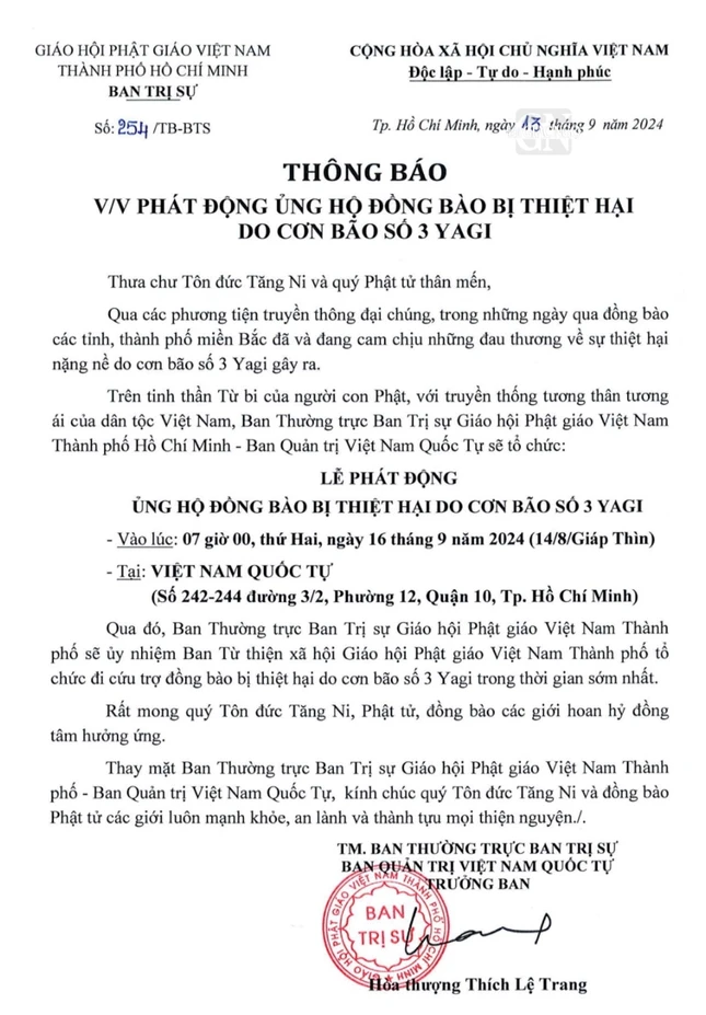 Thông báo do Hòa thượng Trưởng ban Trị sự GHPGVN TP.HCM ấn ký
