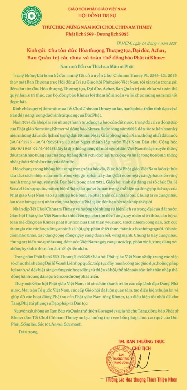 Thư chúc Tết Chôl Chnăm Thmây