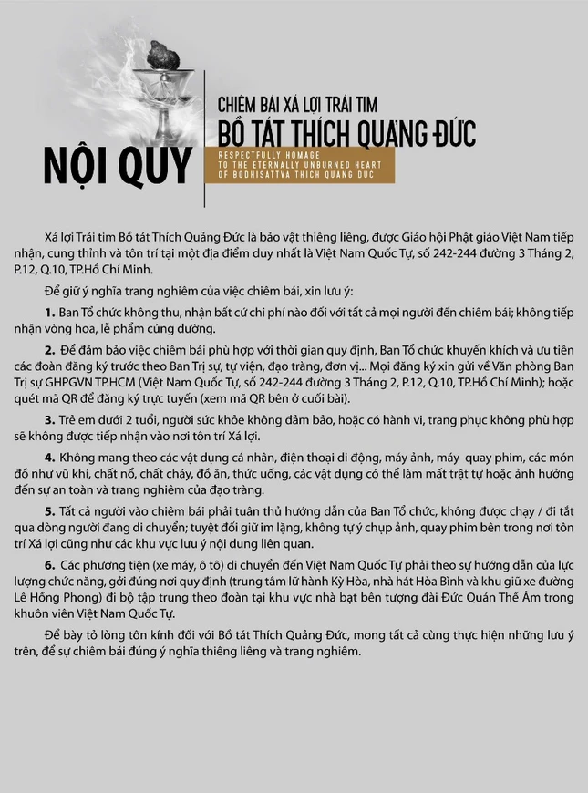 Nội quy khi đến chiêm bái Xá-lợi Trái tim Bồ-tát Thích Quảng Đức, tại Việt Nam Quốc Tự