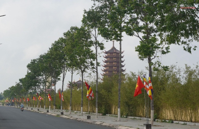 Cờ Phật giáo được thiết trí trên đường vào chùa