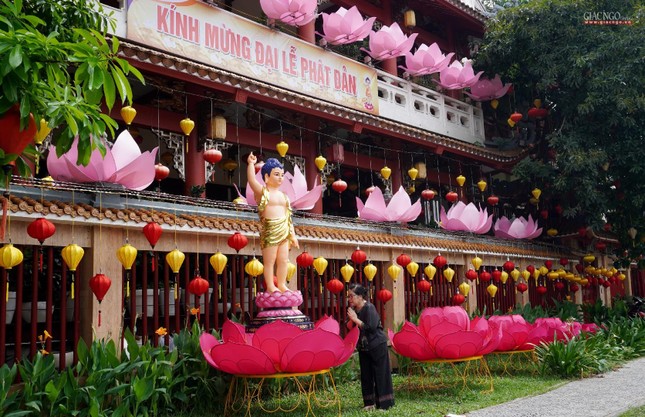 Tôn tượng Phật đản sanh được thiết trí trong khuôn viên chùa