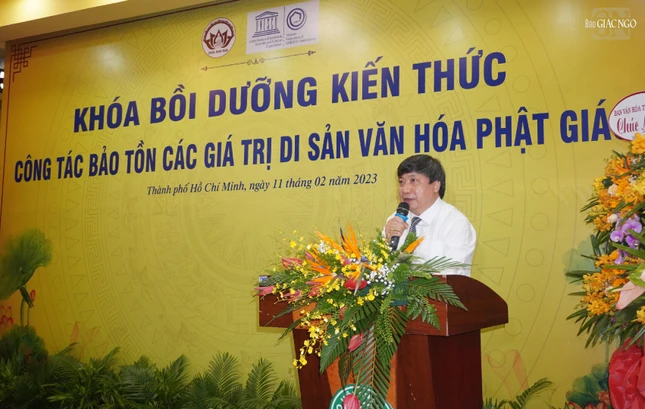 Ông Nguyễn Thanh Xuân, Giám đốc Trung tâm UNESCO nghiên cứu bảo tồn văn hóa tôn giáo và tín ngưỡng Việt Nam phát biểu khai mạc