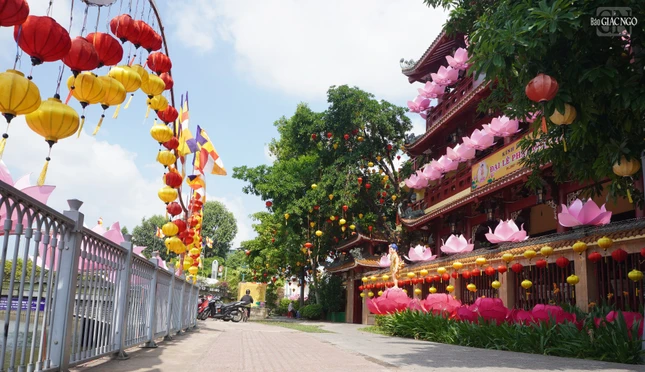 Lồng đèn và cờ Phật giáo được thiết trí bên bờ kênh Nhiêu Lộc