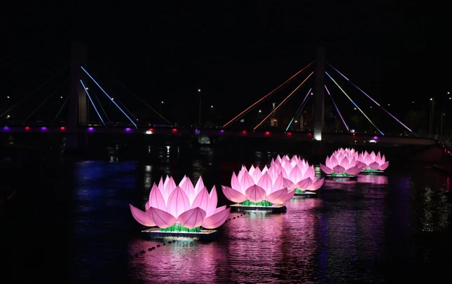 Lần đầu tiên 7 đóa sen hồng xuất hiện trên sông Cà Ty vào mùa Phật đản Phật lịch 2567